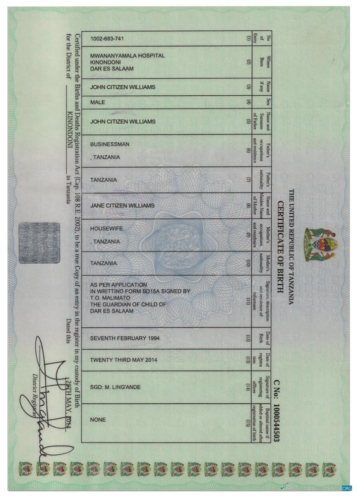 Download TANZANIA birth cert, version 2 Photoshop template